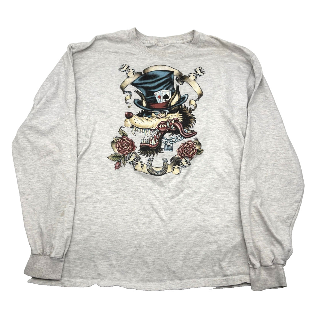 Vintage Y2K 'Get Your Chrome Polished' Hotrod Wolf Pinup Girl Long Sleeve Tee XL